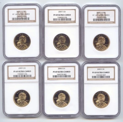 6 Proof Sacagawea Dollar,All NGC PF-69 Ultra Cameo,2000,2001,2002,2003,2004,2005 - Image 1 of 2