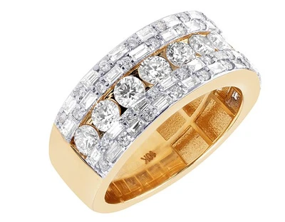 Anillo de oro amarillo-blanco de 10 quilates triple fila redondo y baguette banda de diamantes de 3,2 quilates talla 10 Foto 1 de 4