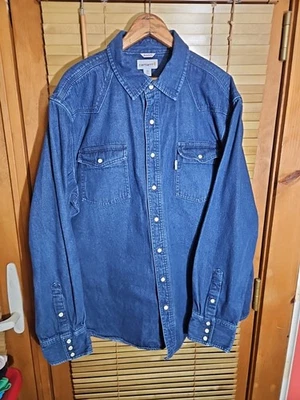 Винтажная мужская рубашка Carhartt XXL высокая тяжелая синяя джинсовая ткань жемчуг застежка вестерн  - Изображение 1 из 4