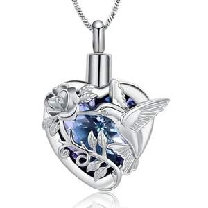 Hummingbird Cremation Jewelry Crystal Heart Urn Ashes Necklace for Women Men ... - Picture 1 of 6