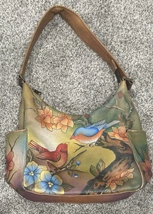 Anushka Genuine Leather Hand Painted Flowers Birds Hobo Shoulder Bag - Picture 1 of 14