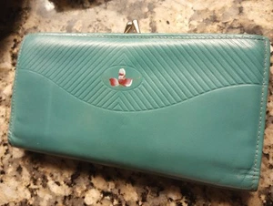 Vintage Faberge Genuine Cowhide Wallet Ladies Checkbook Holder Blue Flower - Picture 1 of 6