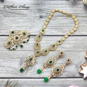 3 Tlg Schmuckset Orientalisch 18K plt Brosche Ohringe Kette Marokko Grün - Bild 1 von 4