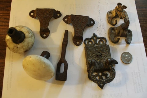 Old Furniture Hardware and Two Interior White Door Knobs Cover