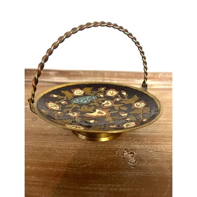 复古黄铜花卉彩绘珐琅饰品碗盘带手柄印度 6 — 第 1/4 张图片