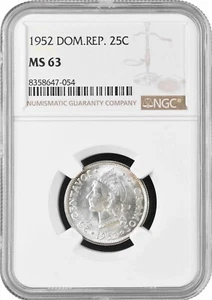 Dominican Republic 25 centavos 1952, NGC MS63, "Republic (1937 - 2023)" silver - Picture 1 of 2