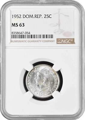 Dominican Republic 25 centavos 1952, NGC MS63, "Republic (1937 - 2023)" silver - Image 1 of 2