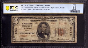 1929 T2 $5 MANUFACTURERS NATIONAL BANK NOTE CURRENCY LEWSITON MAINE PCGS B F 12 - Picture 1 of 3
