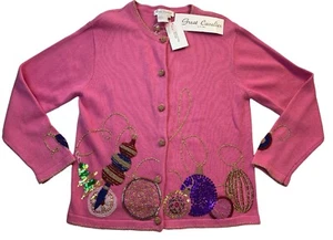 Great Cavalier Women’s VTG Christmas Cardigan Pink Beaded Holiday Sweater Large - Picture 1 of 22