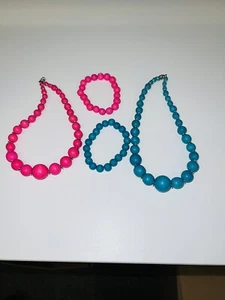 Beaded Necklace And Matching Bracelet (x2) Pink and Blue - Picture 1 of 4