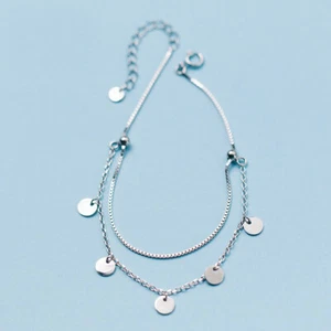 Cavigliera Bracciale 2 Strati Argento Sterling 925 Charm Cialda Tonda A2584 - Foto 1 di 5