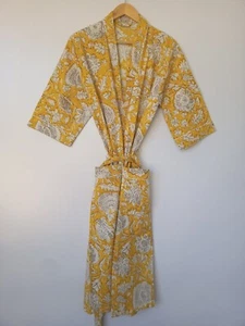 Indian Cotton Robe Long Kimono Sleepwear Yellow Floral Printed Night Kimono Robe - Picture 1 of 9