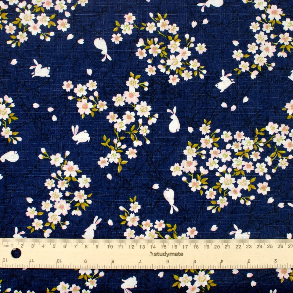 Sakura And Bunnies on 100% Cotton Navy Blue Fabric Fat Quarter Quilting FQ #0099 - image 1 of 2