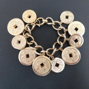 VINTAGE SIGNED NAPIER GOLD PLATED CHINESE COIN CHARM BRACELET 7" long 2" wide - Picture 1 of 11