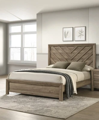 Cama con panel Chevron contemporánea rústica de 1 pieza marrón claro tamaño king Foto 1 de 4