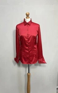 Hawes & Curtis Womens Blouse Size UK 10 Red Satin Fitted Button Up French Cuffs - Picture 1 of 10
