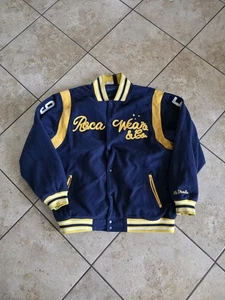Men's Vintage Roca Wear Y2K Varsity Navy Blue & Yellow Wool Jacket 2XL/XXL - Picture 1 of 9