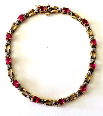 Real 10k Yellow Gold Ruby & Diamond Unique Link Tennis Bracelet Women's 6 3/4" - Image 1 of 4