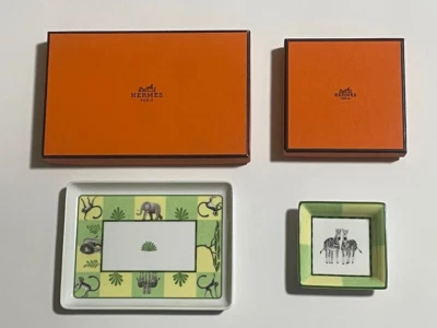 Juego de Bandeja de Porcelana Hermes África Rectángulo y Cuadrado Cebra Elefante León con Cajas Foto 1 de 4