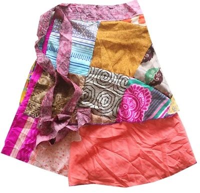 拼布迷你裹身复古纱丽丝绸纯色桃子波西米亚嬉皮裙L-18 — 第 1/2 张图片