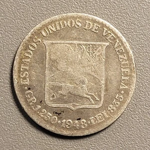 1948 Venezuela 1/4 Bolivar Coin - Silver - Picture 1 of 2