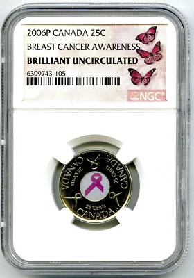 2006 P CANADA QUARTER NGC BRILLIANT UNC BREAST CANCER AWARENESS PINK RIBBON - Image 1 of 2