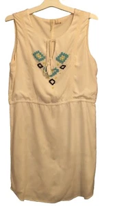 White Linen Cotton Dress 10 Lined Cotton Beadwork Waist Beach Cover Up - Picture 1 of 7