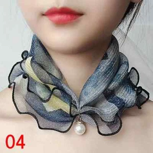 Blue Ruffles Scarf Elegant Faux Pearl Pendant Elastic Neck Gaiter Casual - Picture 1 of 3