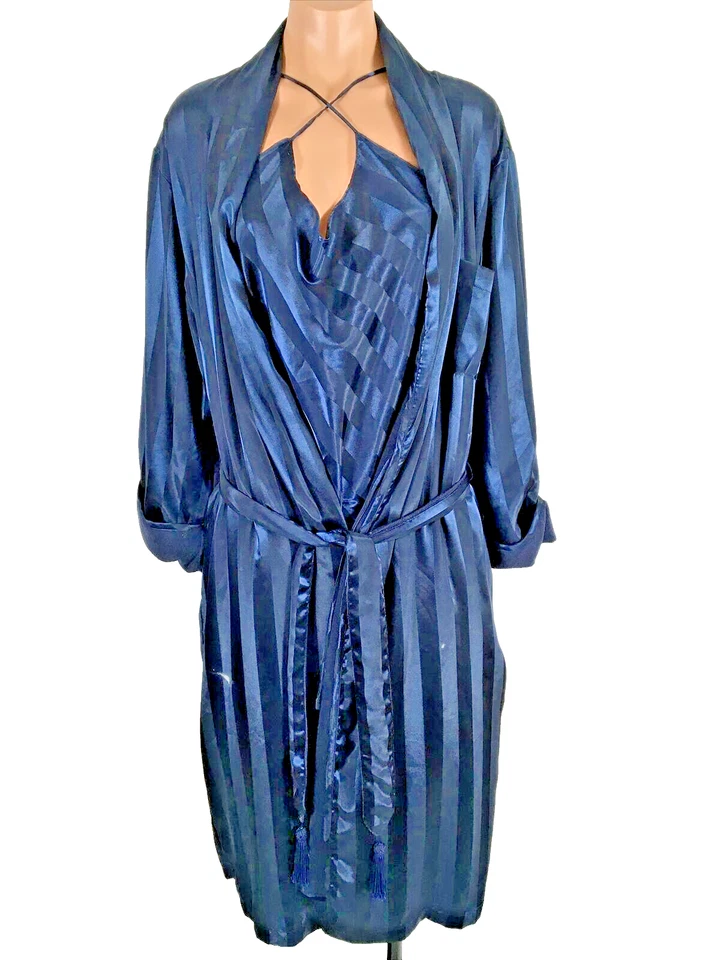 Cacique Vintage Camisón Azul Rayas 2 piezas Lencería Vestido Sin Mangas Bata Peignoir M Foto 1 de 4