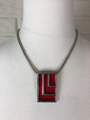 17-21 Long CHICOS Slinky Silver Chain Red Enamel Rectangle Necklace NWOT Signed - Image 1 of 4