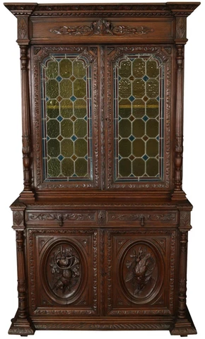 Antique Buffet Sideboard Hunting Renaissance Bird Rabbit Stained Glass Oak Cover