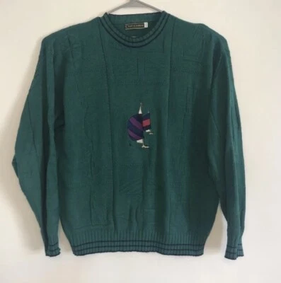 Vintage Isle of Cotton Green Knit Sweater Sail Boats Embroidered Cotton USA Sz L - Image 1 of 3