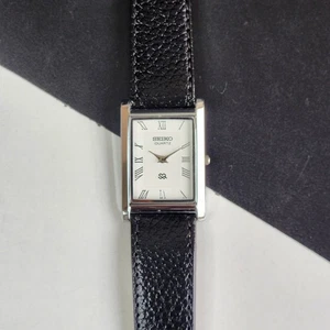 vintage Seiko Slim Tank Quartz Men White Dial Black Strap Dress Watch UK25 - Picture 1 of 5