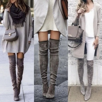 Stuart Weitzman Midland Tieland Londra Suede OTK Over The Knee Heeled Boots Grey - Image 1 of 4