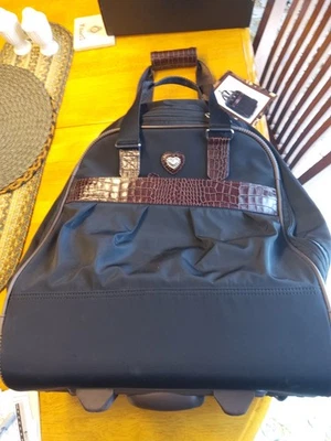 Brighton Black Cloth Brown Leather Wheeled Carry-On Travel Bag Luggage Overnight - Image 1 of 4