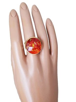 Opal Ring: Mexican Fire Opal 20mm Resin Faceted Opal in Stainless-Steel 18KGP - Image 1 of 4