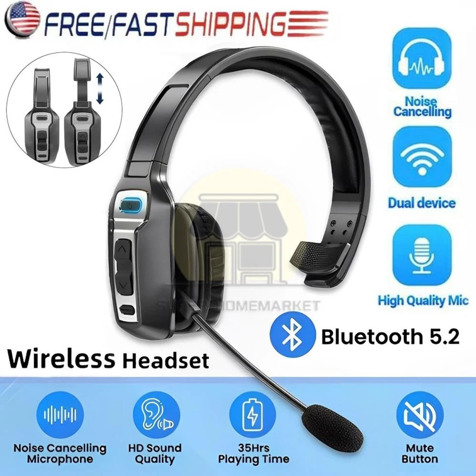 Trucker Bluetooth 5.2 Wireless Headset With Noise Cancelling Mic For Phones PC - Image 1 of 4