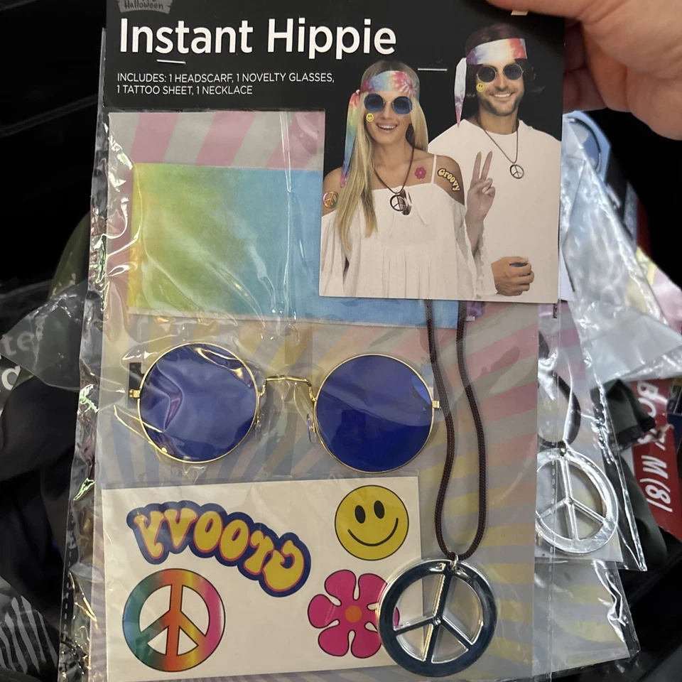 Feliz Halloween Hippie Disfraz Accesorios - Bufanda/Gafas/Collar/Tatuaje NUEVO Foto 1 de 4