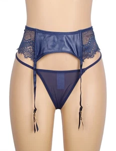 Blue Wet Look Faux Leather 2 Pcs Garter Suspender Belt &Thong Size 18/20 RRP £15 - Picture 1 of 8