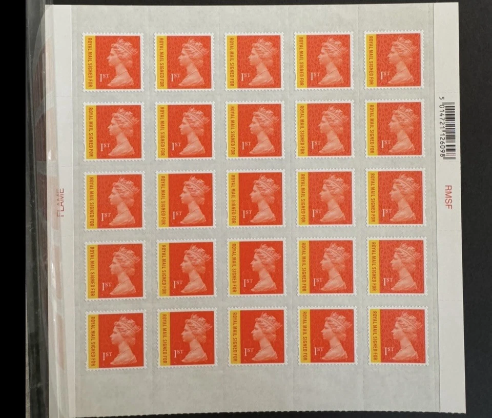 RM 1st Class “Signed For” Flame – Full Sheet of 25 Stamps, MNH / Mint Unused - Image 1 of 1