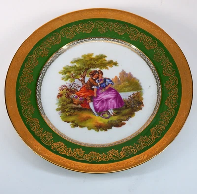 Charming Limoges France Porcelain Courting Couple 10" Plate Fragonard Green Gold - Image 1 of 4