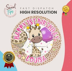 GIRAFFE (PINK TEXT) ROUND EDIBLE BIRTHDAY CAKE TOPPER DECORATION PERSONALISED - Picture 1 of 1