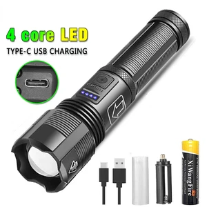 4 Core Led Rechargeable Flashlight Zoomable Torch Searchlight Light USB Lamp - Picture 1 of 10