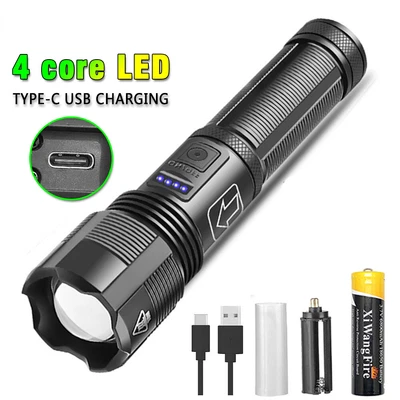 4 Core Led Rechargeable Flashlight Zoomable Torch Searchlight Light USB Lamp - Image 1 of 4