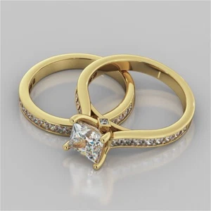 3.66 Ct Princess Cut Moissanite Engagement Band Set 14K Solid Yellow Gold Size 6 - Picture 1 of 13
