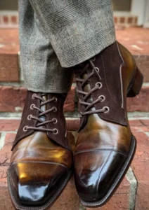 Handmade Men Stylish Burnished Brown Ankle Lace Up Dress Boot, Business Boot - Picture 1 of 4
