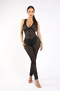 Women's Sleeveless Deep V-Neck Back Zip All Over You Mesh Sexy Black Jumpsuit - Picture 1 of 9