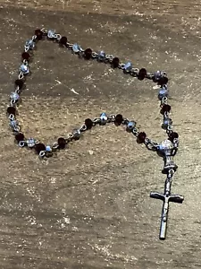 Vintage 9” Silver Tone Cross W/ Stainless Steel Jesus Red/Clear Beads Rosary - Picture 1 of 6