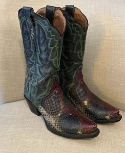 Dan Post Women's Painted Belly Python Triad Cowgirl Boots Snip Toe Size 7.5M EUC - Picture 1 of 11