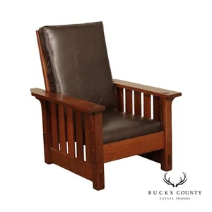 Gustav Stickley Antique Mission Oak and Leather Reclining Morris Chair - Picture 1 of 12